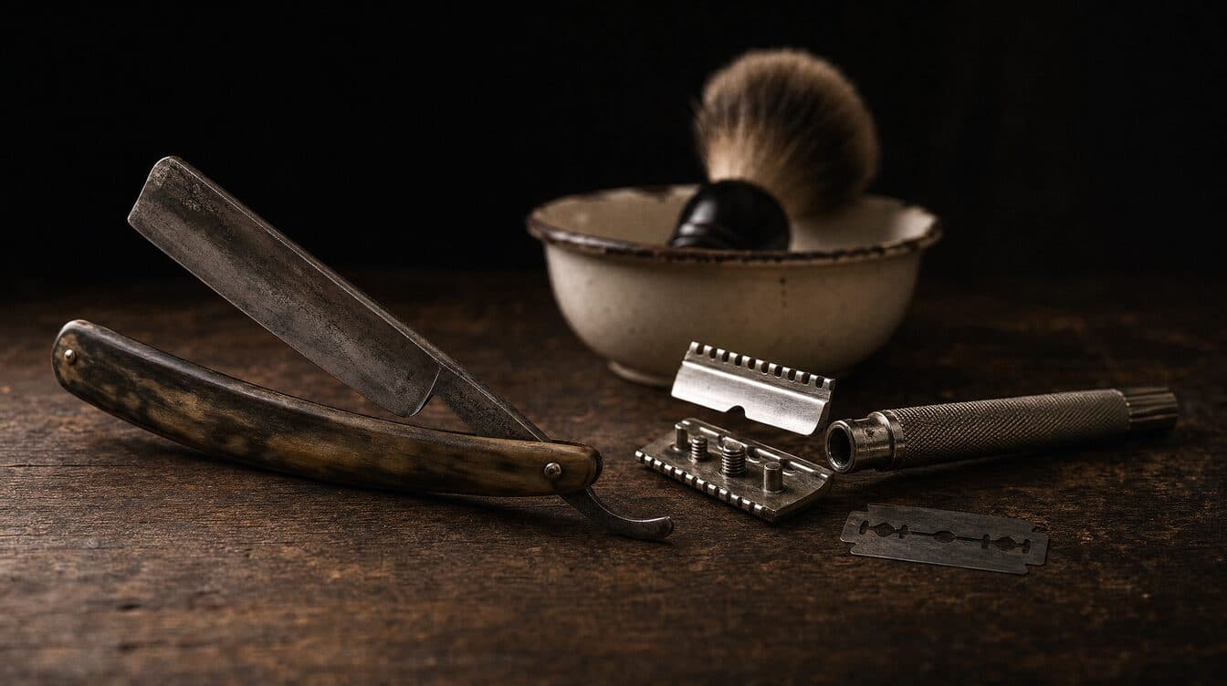 Klasszikus straight razor és cserélhető pengés biztonsági borotva egymás mellett